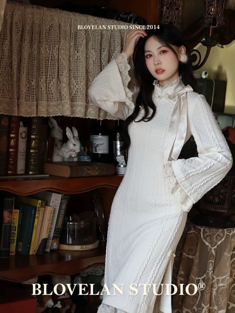 White Lace-Trim Cable Knit Dress